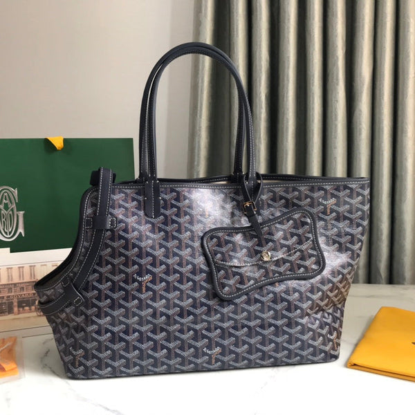 CHIEN GRIS BAG 33 IN NAVY BLUE GOYARDINE CANVAS AND TAN CALFSKIN TRIM