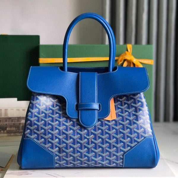 SAIGON SOUPLE BAG 34 IN CURIOUS BLUE GOYARDINE CANVAS AND CALFSKIN