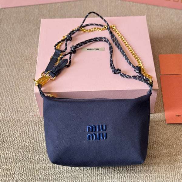 CHAIN SHOULDER BAG 19 IN NAVY BLUE FABRIC GOLD HARDWARE