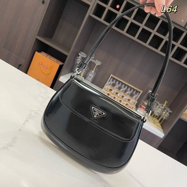 PRA 25 CLEO FLAP SHOULDER BAG IN BLACK BRUSHED LEATHER