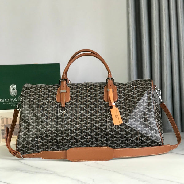 BOSTON 50 BAG IN BLACK GOYARDINE CANVAS AND TAN CALFSKIN TRIM